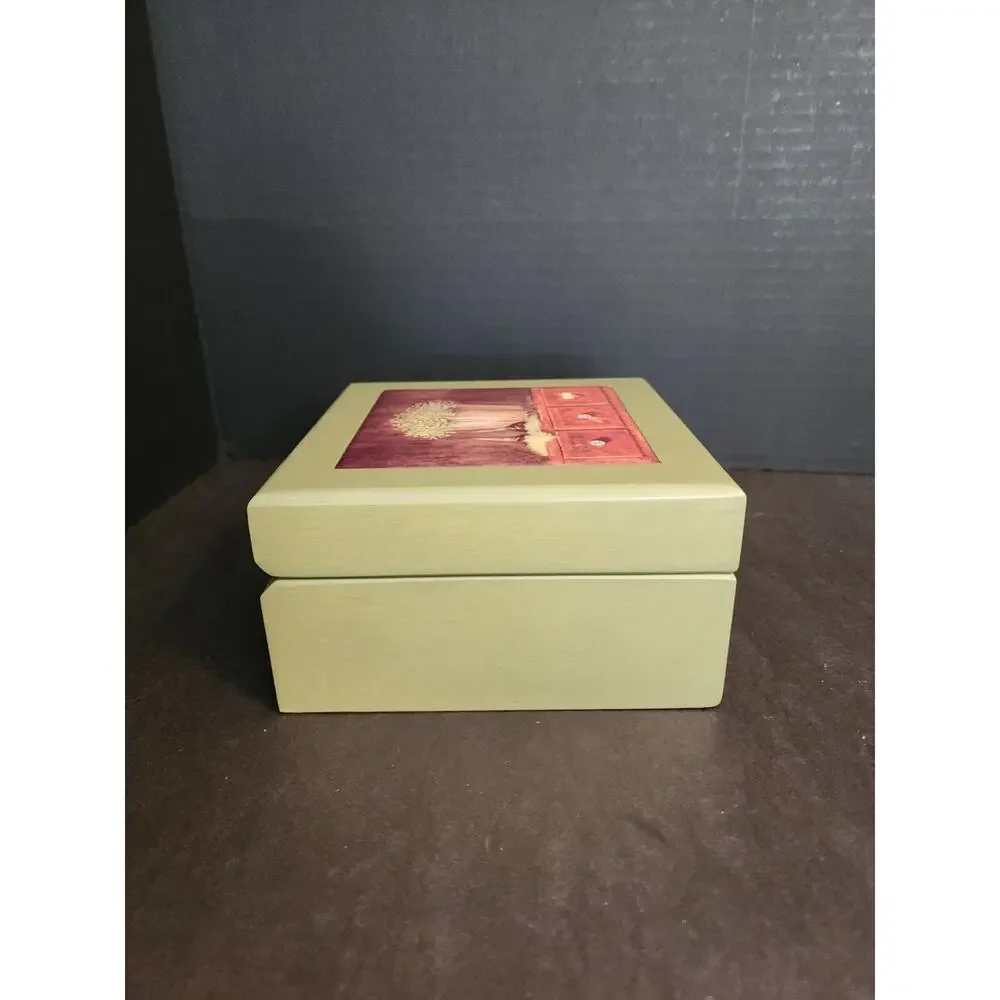 Arnie Fisk Print Tile Top Green Wooden Jewelry/Trinket Box 5.5